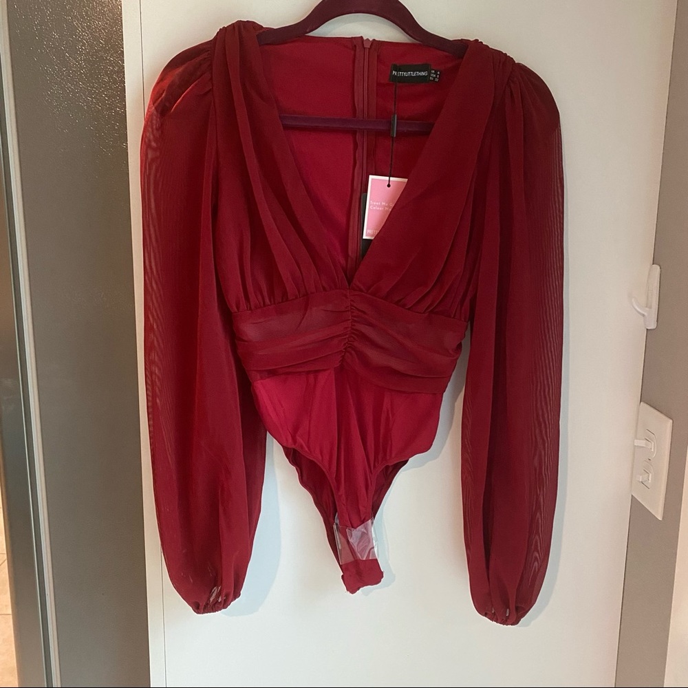 NWT Pretty Little Thing Scarlet Ruched Mesh bodysuit